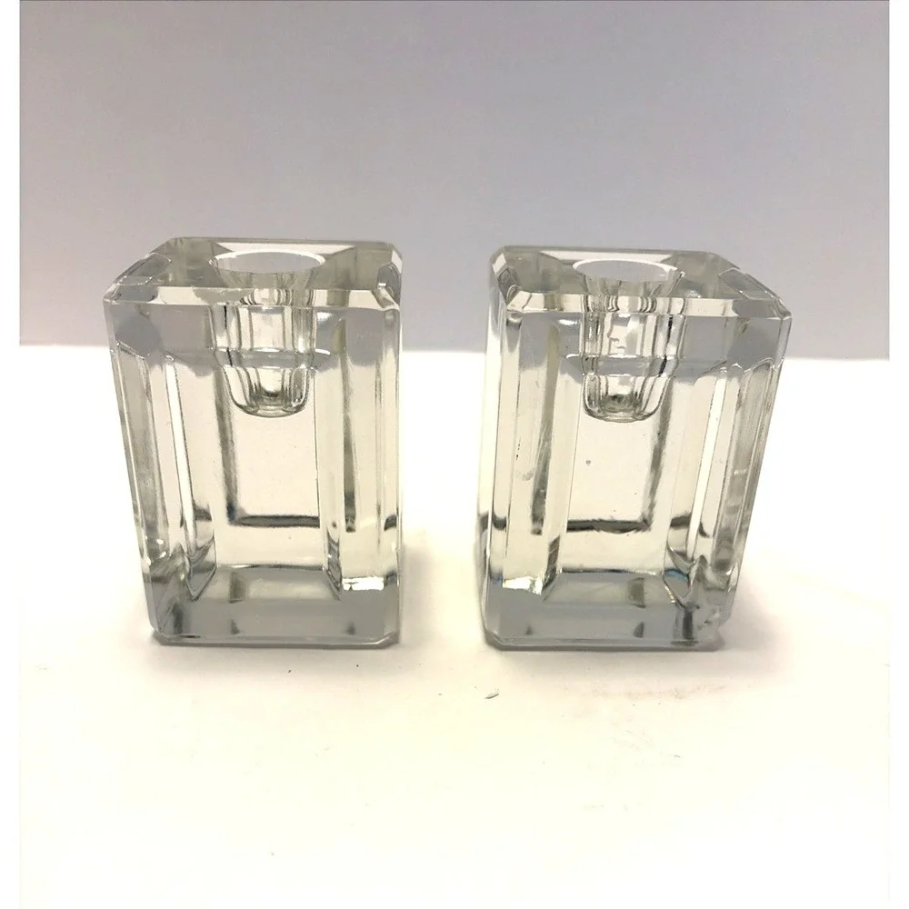 Vtg MCM Crystal Glass Ice Cube Style Candle Holder Pair Indented Sides Heavy